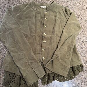 Mystree Olive Green Button-Front Jean Jacket with Eyelet Hem